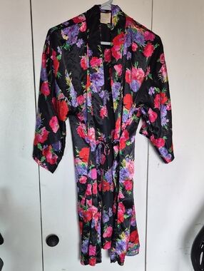 Vintage California Dynasty Floral Satin Robe Kimono Short Wrap Multicolor Medium